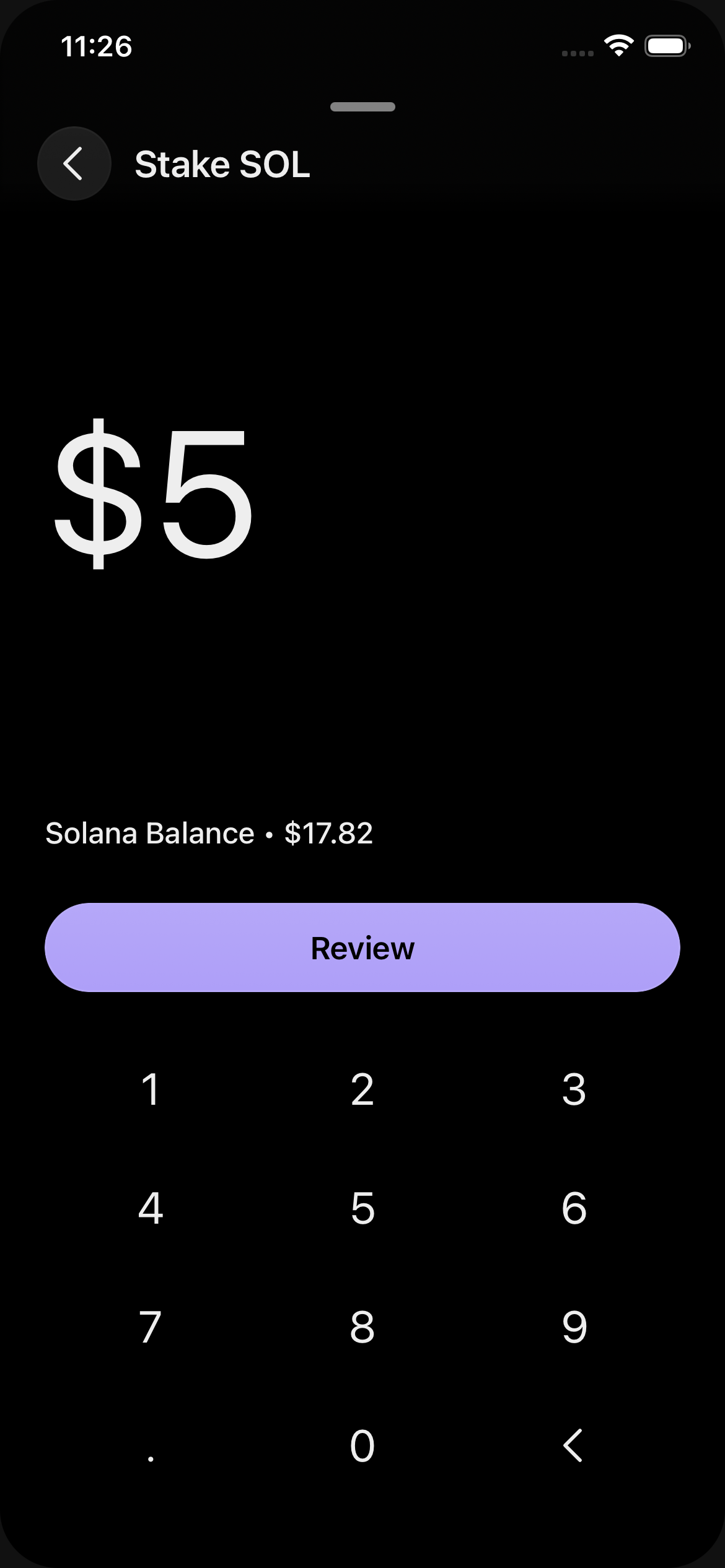 Native stake — $5 entered, Review CTA enabled