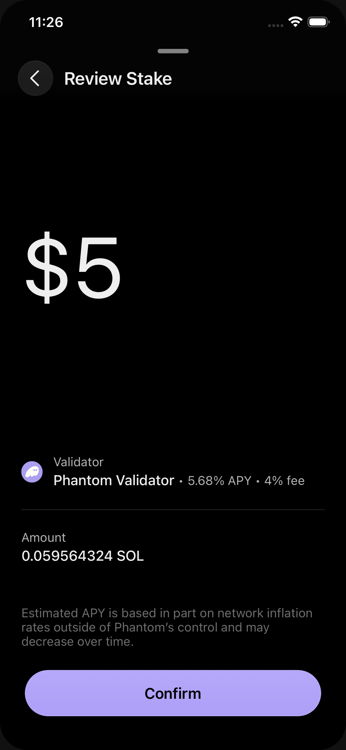 Native stake — review with validator row (5.68% APY · 4% fee) and amount 0.0596 SOL