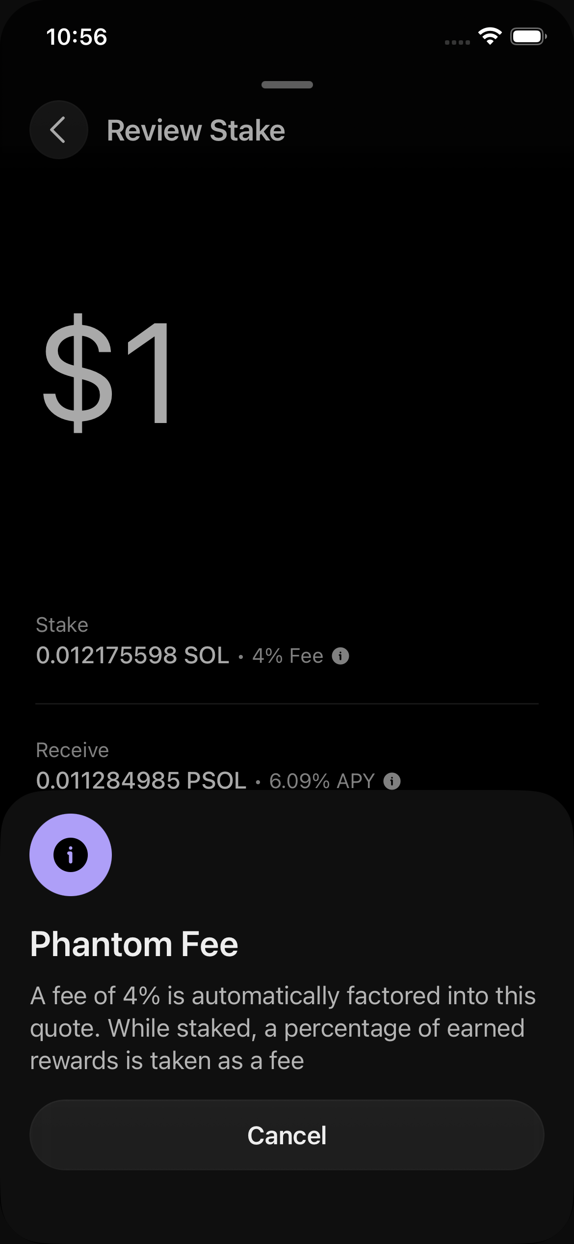 Phantom Fee sheet — purple outer ring with black inner circle and i glyph, title 'Phantom Fee', body 'A fee of 4% is automatically factored into this quote. While staked, a percentage of earned rewards is taken as a fee.'